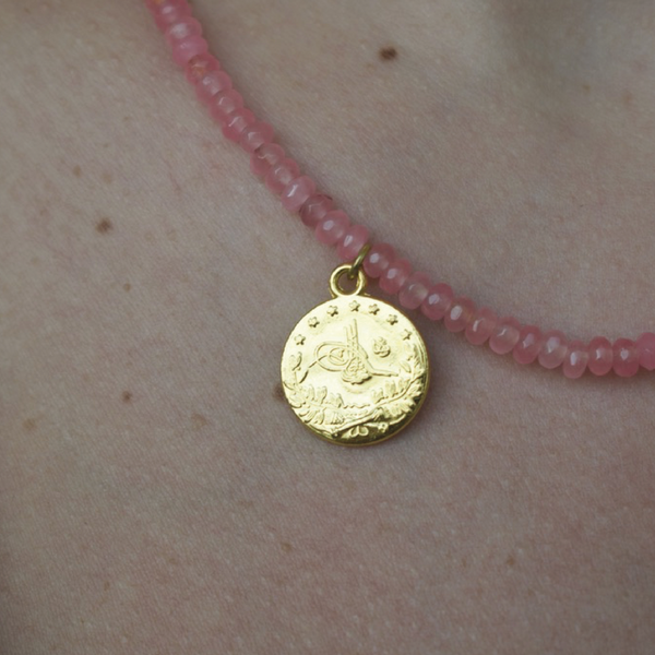 Pink Bead Necklace - Gold Pendant