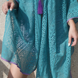 Beach Dress - Blue with Purple Pompoms