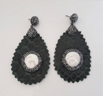 Silver plated earrings with hand cut phyton leather pendants & pearls - Oval Shape