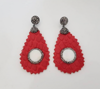Silver Plated Earrings with hand cut phyton leather pendants & pearls - Oval Shape