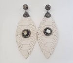 Silver plated earrings with hand cut phyton leather pendants & pearls - Leaf Shape