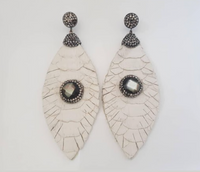 Silver plated earrings with hand cut phyton leather pendants & pearls - Leaf Shape